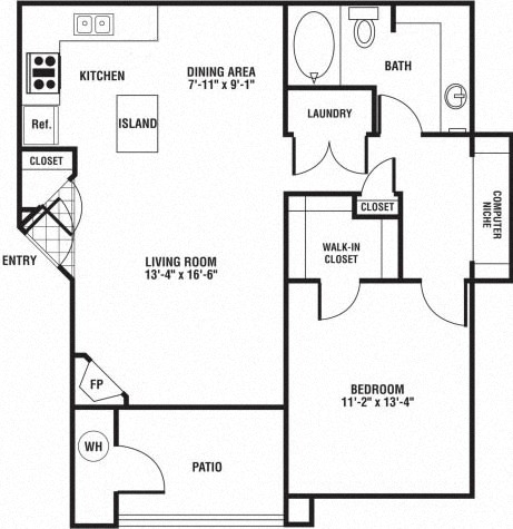 Floor plan for 1 bed, 1 bath, 831 sqft